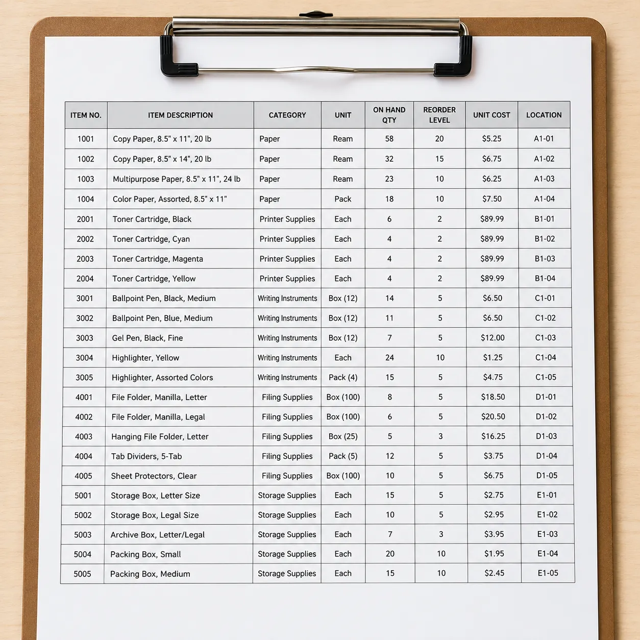 inventory list