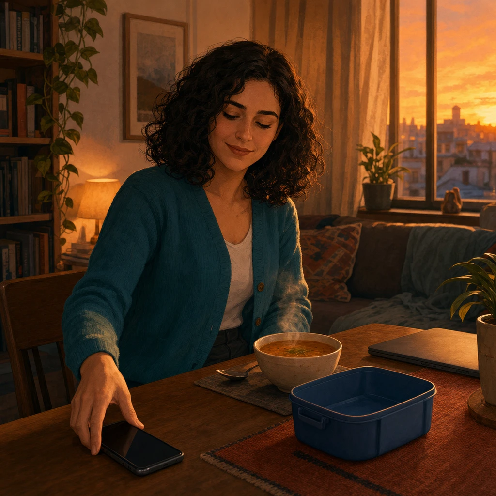 Mira ends her day with her phone face down, warm soup on the table, and work left outside her evening.