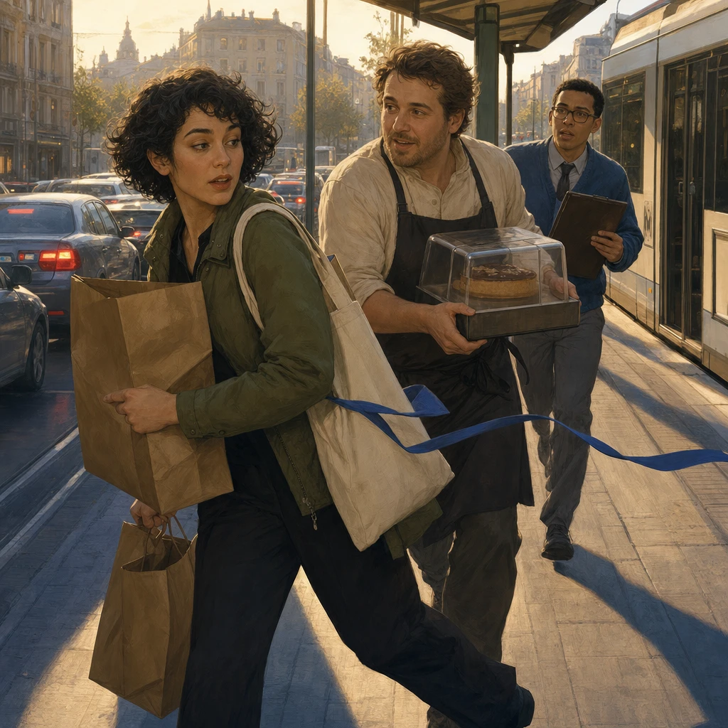 A ribbon from Leon's cake carrier catches on Mira's tote as they rush toward the event.