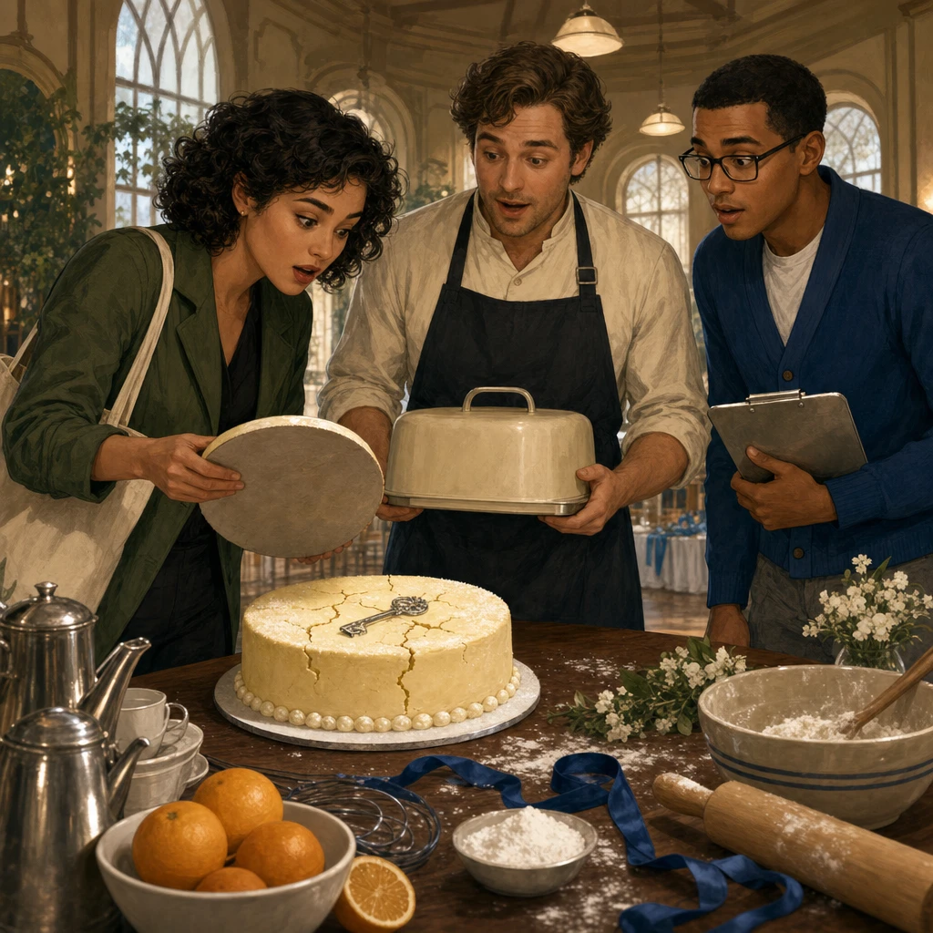 Mira, Leon, and Niko find the missing silver key pressed into the lemon cake.