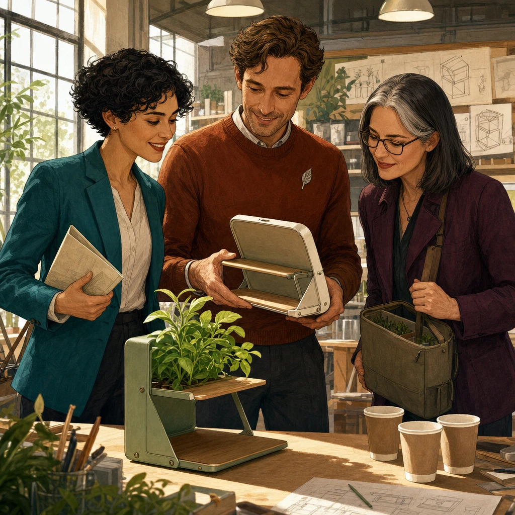 Mara's confident conversations lead to a visible collaboration around a plant growing from her folding shelf.