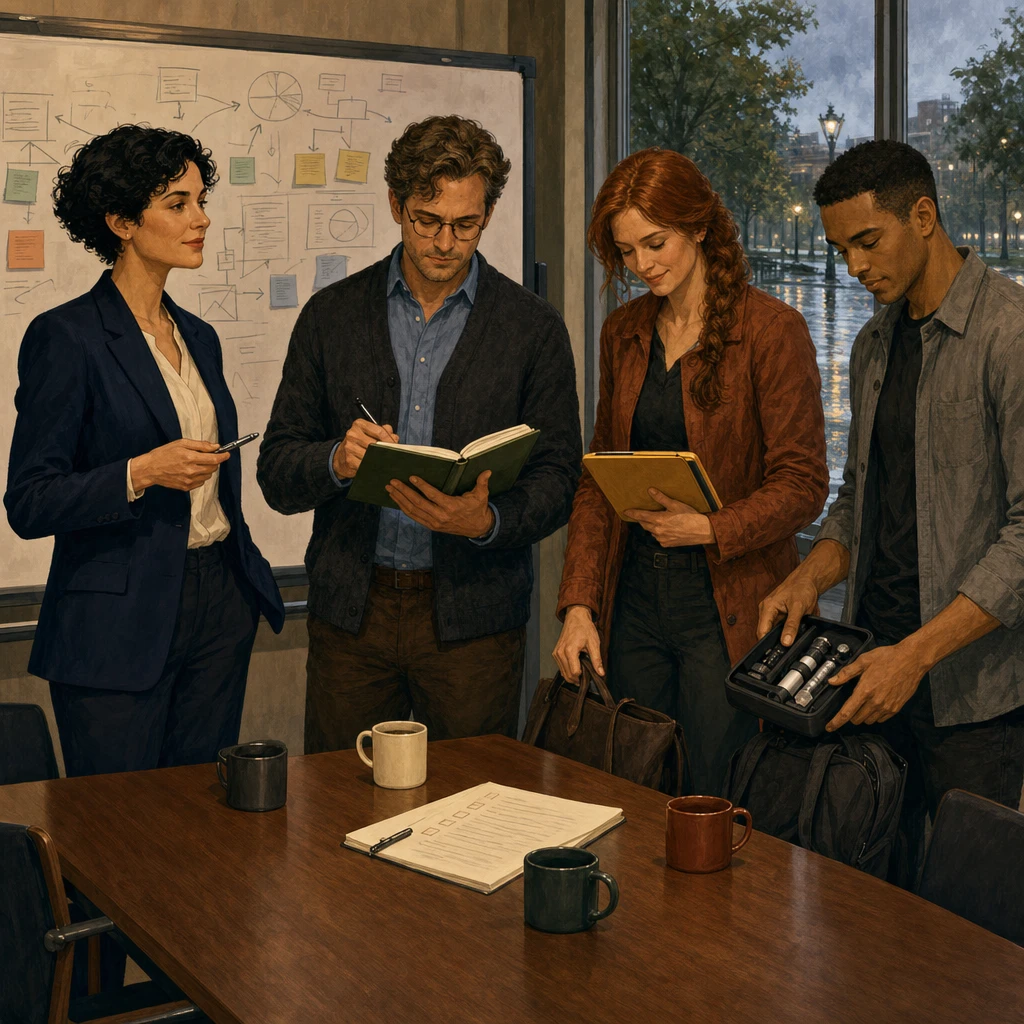 The meeting ends with a visible plan, named owners, deadlines, and a shared decision recorded at the table.