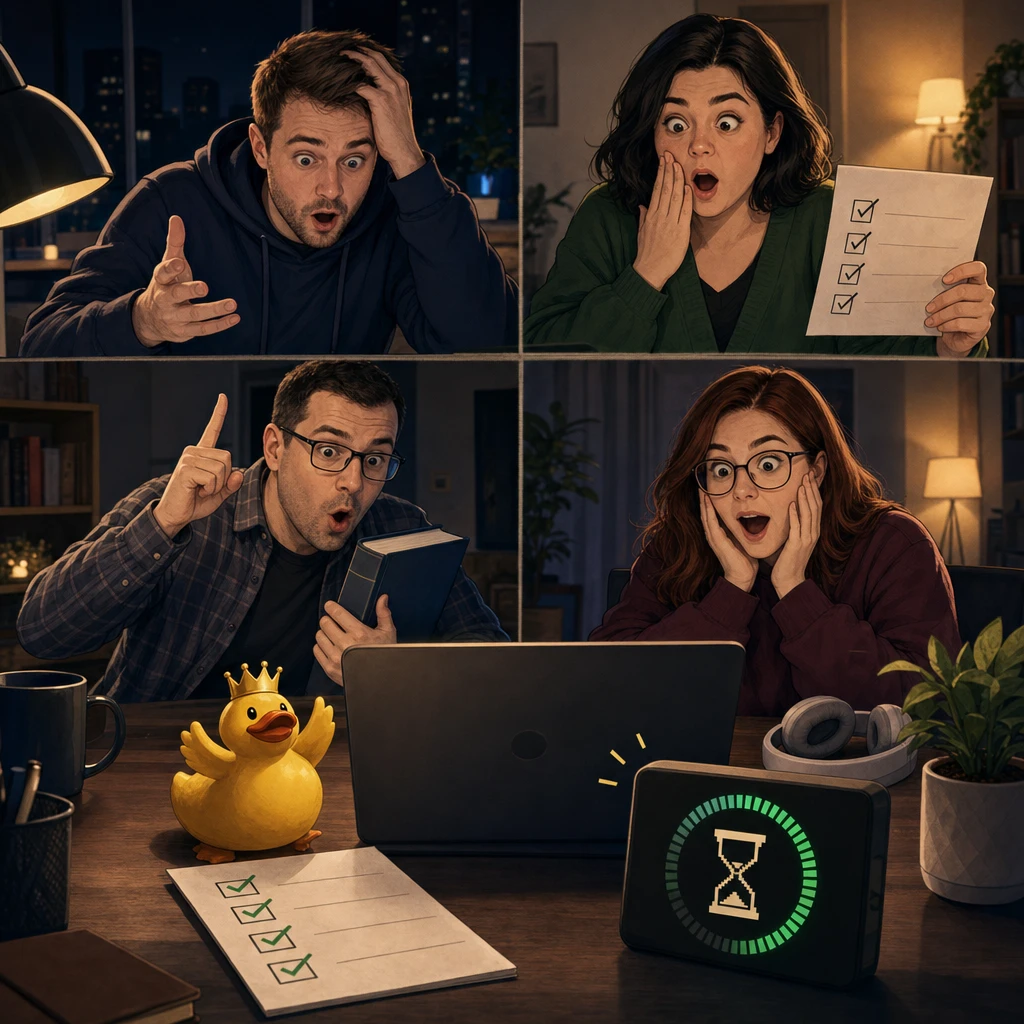 The team discovers that the rubber duck appears to have completed its own hackathon submission.